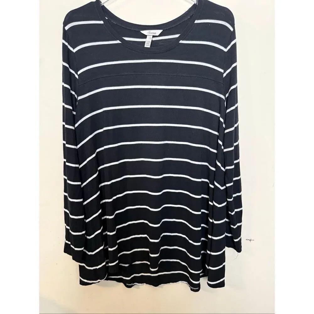 Soma Women’s Black White Striped  PajamaLoungewear Tunic Size XL Long Sleeve Sof